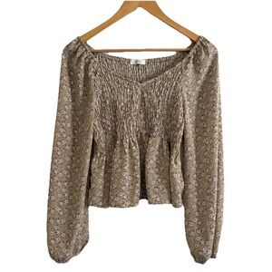 Active USA Cottagecore Ditsy Floral Smocked Top L Tan Pink Peplum Boho Blouse